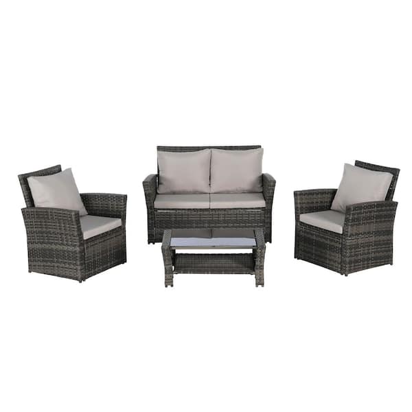 Oyezvary 4-Piece Modular PE Wicker Patio Conversation Set with Tempered ...