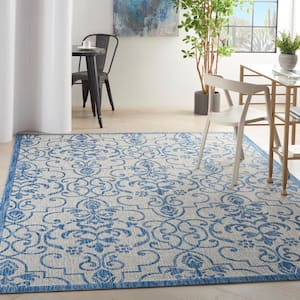 Garden Party Ivory/Blue 7 ft. x 10 ft. Bordered Transitional Indoor/Outdoor Patio Area Rug