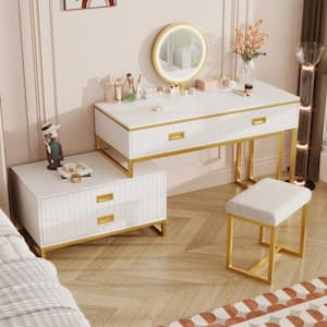 White Makeup Vanity Set with Mirror, Movable Side Cabinet, Stool, 4-Drawers, Golden Metal Handles and Legs