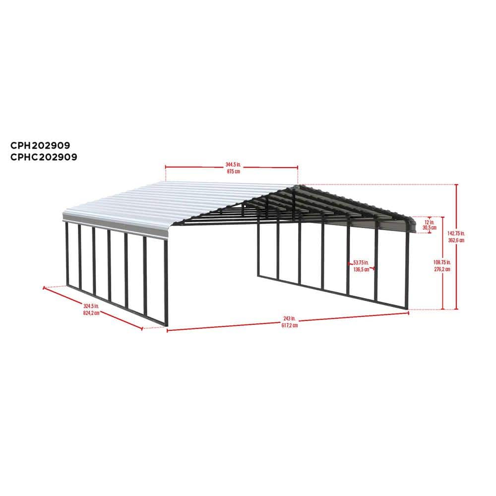 Charcoal Galvanized Steel Carport Kit with Black Frame, 20' x 29' x 9'