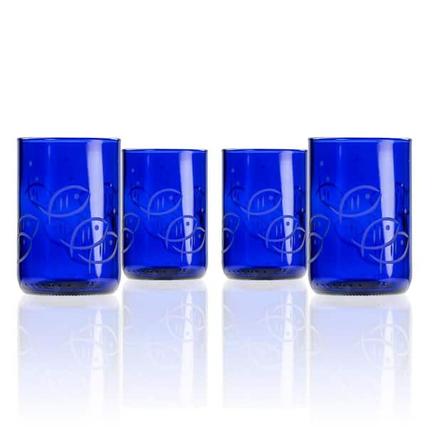 Rolf Glass Blue Fish 14 oz. Repurposed Blue Tumbler Glasses - Set of 4