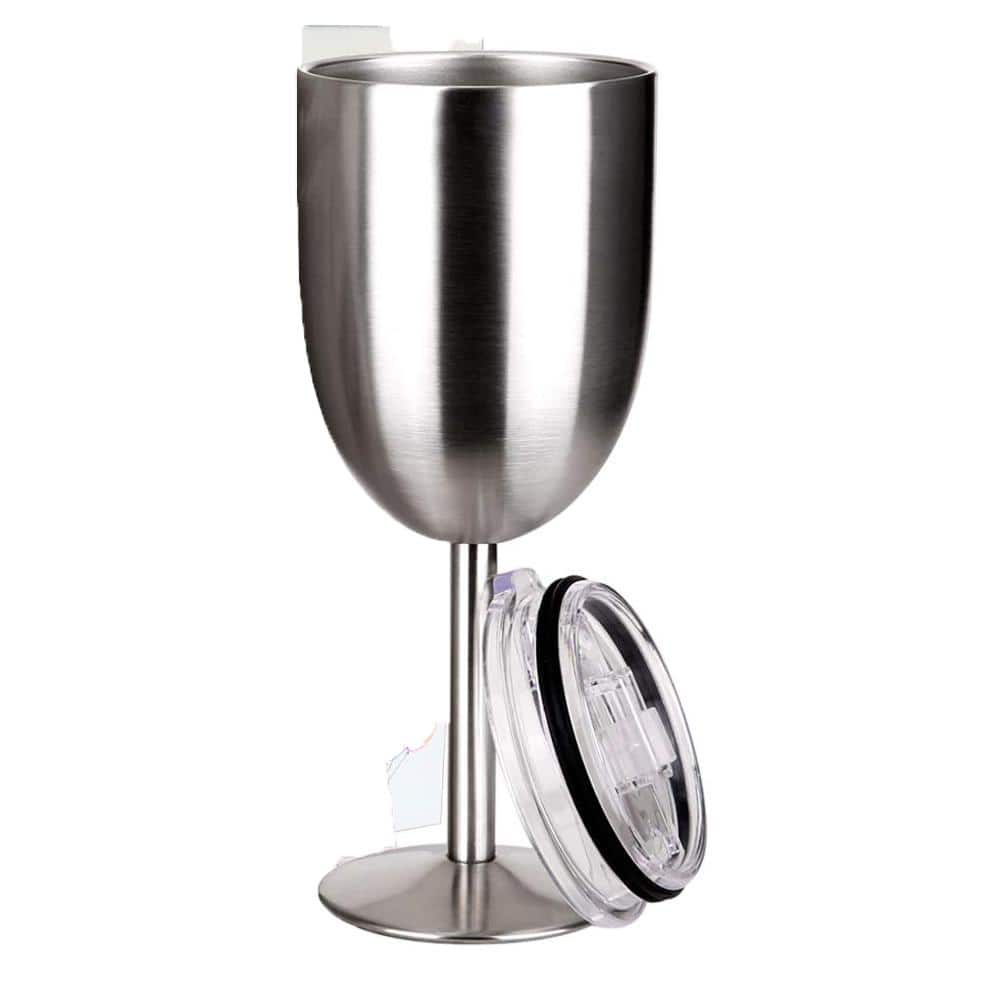 Double Walled 10 oz. Insulated Silver Stainless Steel Wine Tumbler with Lid