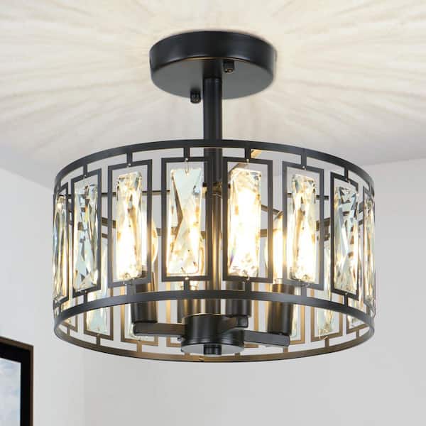 12.5 in. 4-Light Modern Small Crystal Black Semi Flush Mount Ceiling Light for Kitchen Island Dining Room