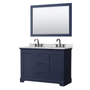 48 in. W x 22 in. D x 35 in. H Double Bath Vanity in Dark Blue with White Carrara Marble Top and 46 in. Mirror