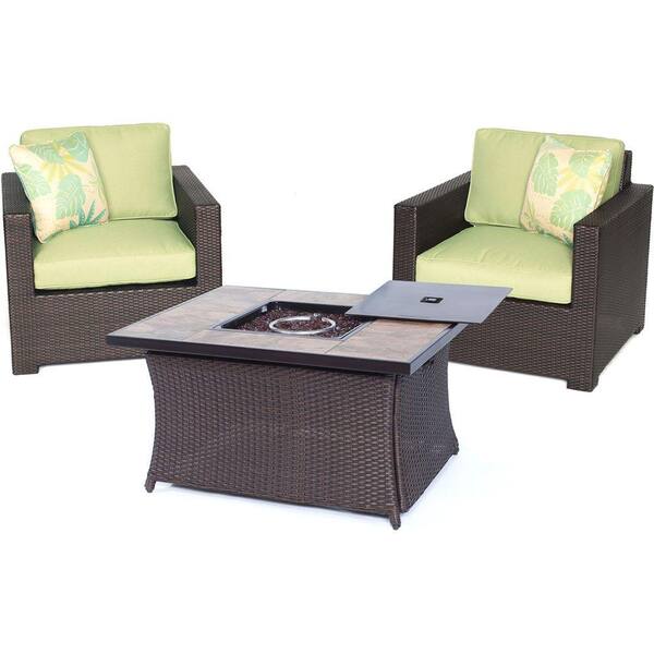 Hanover Metropolitan 3-Piece All-Weather Wicker Patio LP Gas Fire Pit Chat Set with Avocado Green Cushions