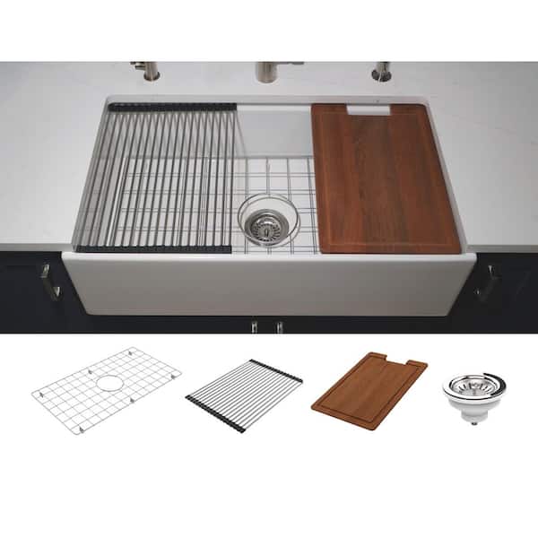 Dover 33 in. Farmhouse Apron Front White Fireclay Single Bowl Kitchen Sink with Step Rim and Accessories