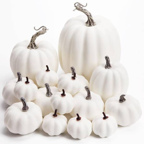 16 Piece 5.5 in. White Artificial Plant Faux Pumpkin Set for Fall
