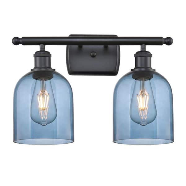 Bella 15.5 in. 2-Light Matte Black Vanity Light with Glass Shade