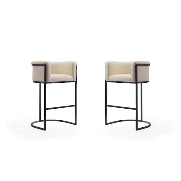Manhattan Comfort Cosmopolitan 29.5 in. Cream and Black Metal Bar Stool with Faux Leather Upholstered Seat (Set of 2)