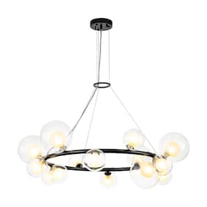 Colebrook 14-Light Black Modern Round Wagon Wheel Chandelier for Living Room with Tiered Glass Shade