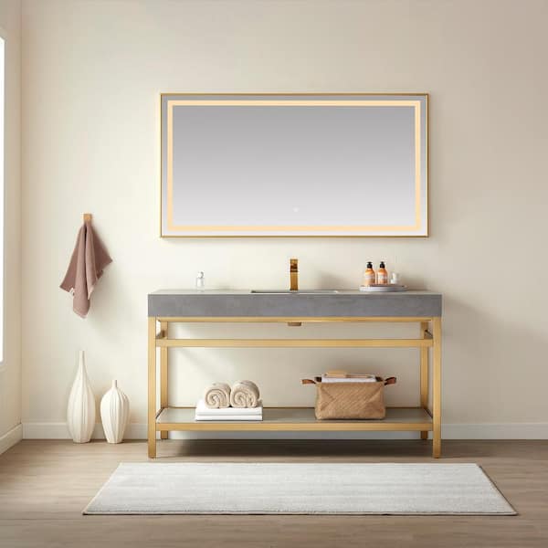 ROSWELL Funes 60 in. W x 22 in. D x 34 in. H Single Sink Bath Vanity in Brushed Gold with Grey Natural Stone Top and Mirror