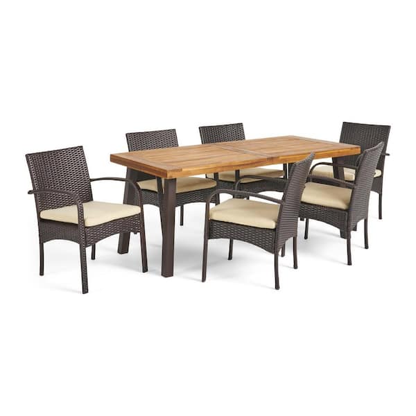 Jovanni Multibrown 7-Piece Faux Rattan Outdoor Dining Set with Creme Cushion