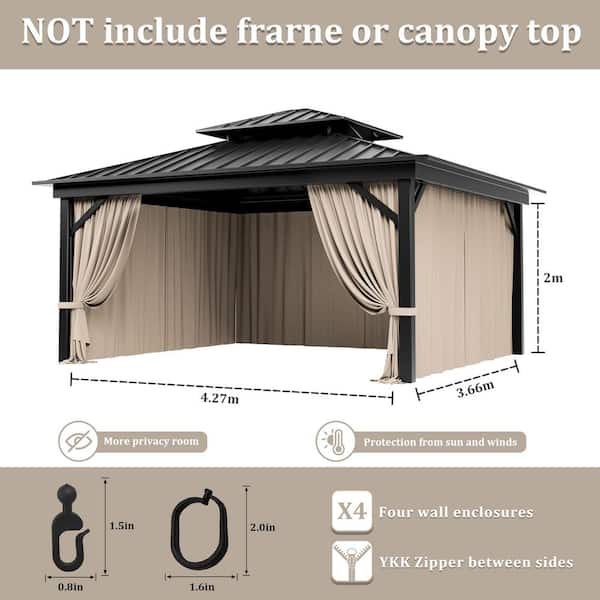 12 ft. x 14 ft. Universal Outdoor Privacy Curtains, Gazebo Curtain Replacement with Zipper Khaki (4-Side Curtain Only)