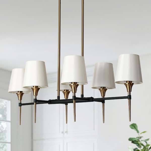 Uolfin Modern Farmhouse Island Shaded Chandelier Light, 6-Light Brass and Black Chandelier with Cone Fabric Shades