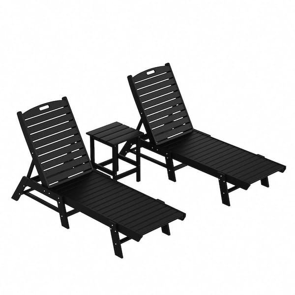 Laguna Black 3-Piece All Weather Fade Proof HDPE Plastic Outdoor Patio Reclining Chaise Lounge Chairs and Side Table Set