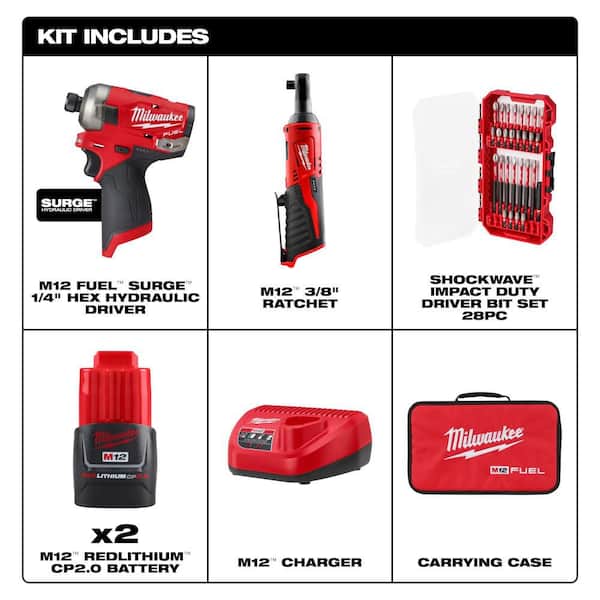 M12 FUEL SURGE 12V 1/4 in. Hex Impact Kit w/ (2) 2. 0Ah Batteries, Bag with M12 3/8 in. Ratchet with SHOCKWAVE 28-Pc Set