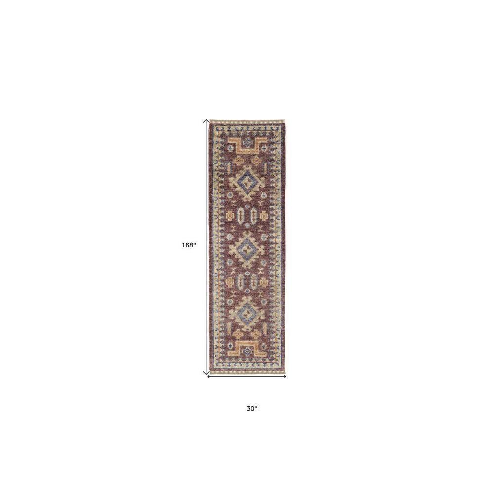 Hand-Knotted Red Wool Runner Rug with Geometric Pattern