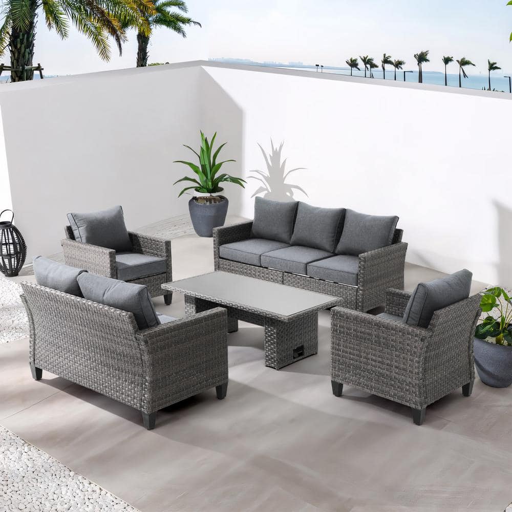 5-Piece Wicker Grey Outdoor Conversation Set with Lift Table, Grey Cushions