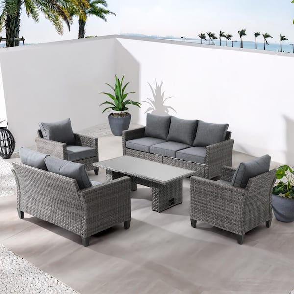 Freestyle 5-Piece Wicker Grey Outdoor Conversation Set with Lift Table, Grey Cushions