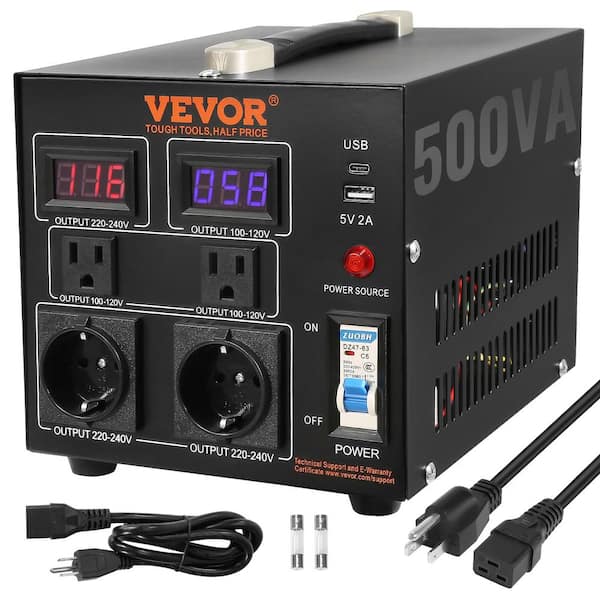 VEVOR Voltage Converter Transformer 500-Watt Up/Down Transformer 110-Volt/ 220-Volt w/US/EU Outlet 5-Volt USB Port CE Certified DYZHQ110V230VU5O6V1 -  The Home Depot