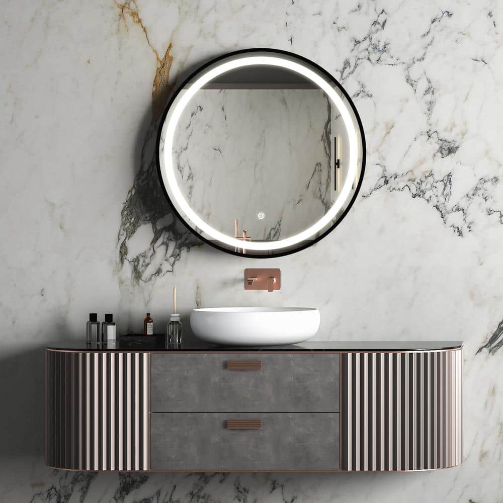 32 in. W x 32 in. H Round Framed Wall Mount Bathroom Vanity Mirror in Black