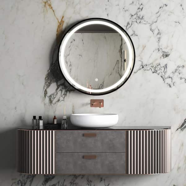 Unbranded 32 in. W x 32 in. H Round Framed Wall Mount Bathroom Vanity Mirror in Black High Lumen Dimmable Touch Switch Control