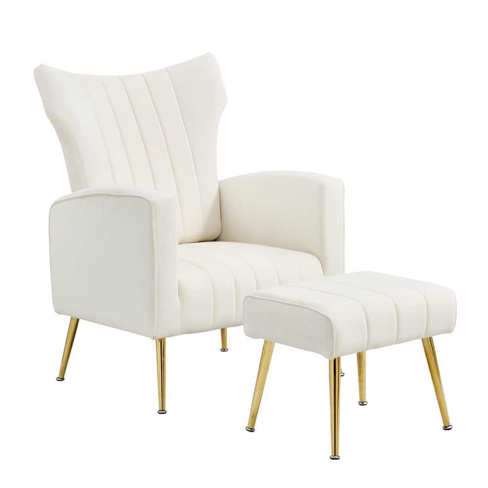 White Velvet Wingback Arm Chair With A Footstool