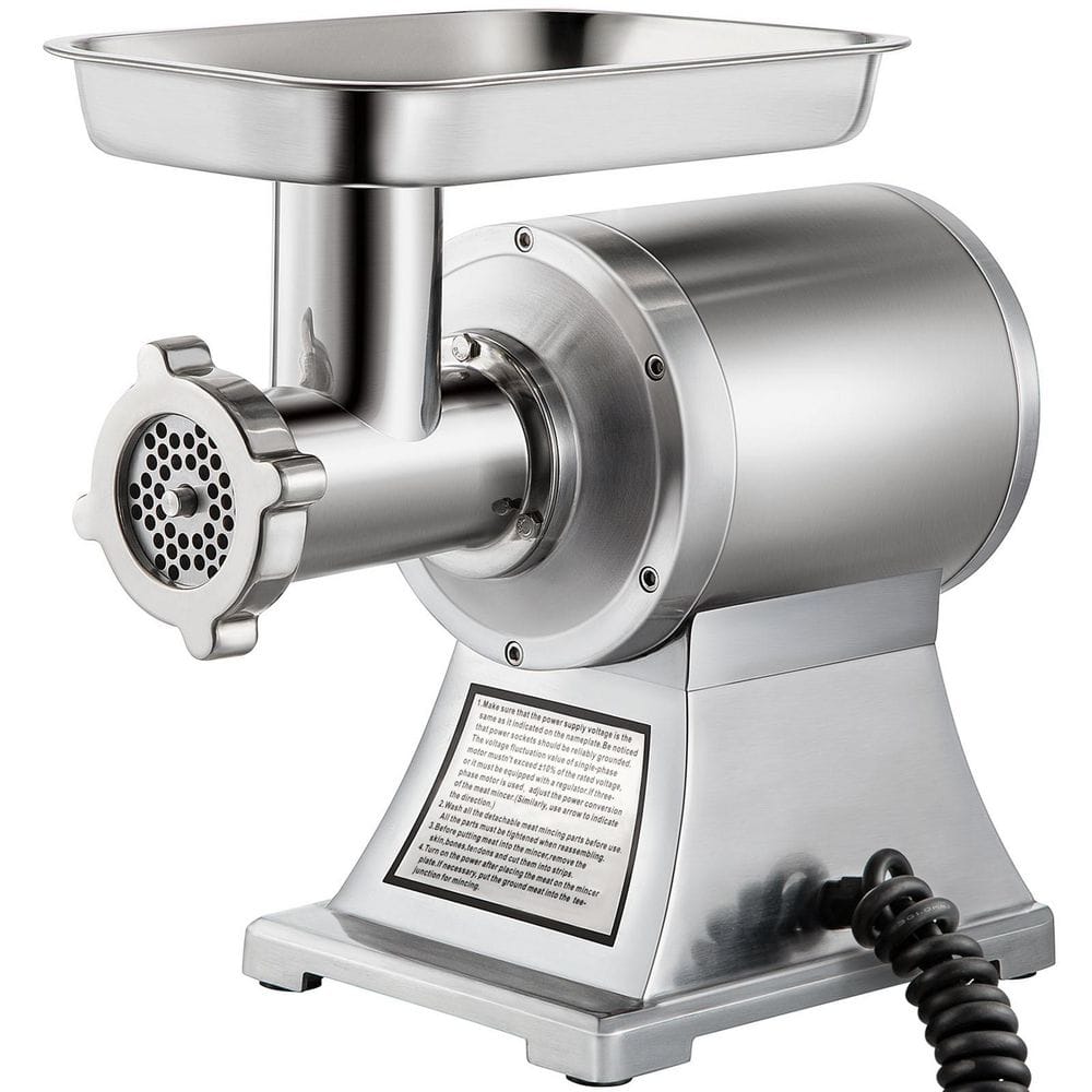 1100W Commercial Meat Grinder, 550LB. /h, 220 RPM Stainless Steel Mincer w/2 Blades, Plates & Stuffing Tubes in Silver