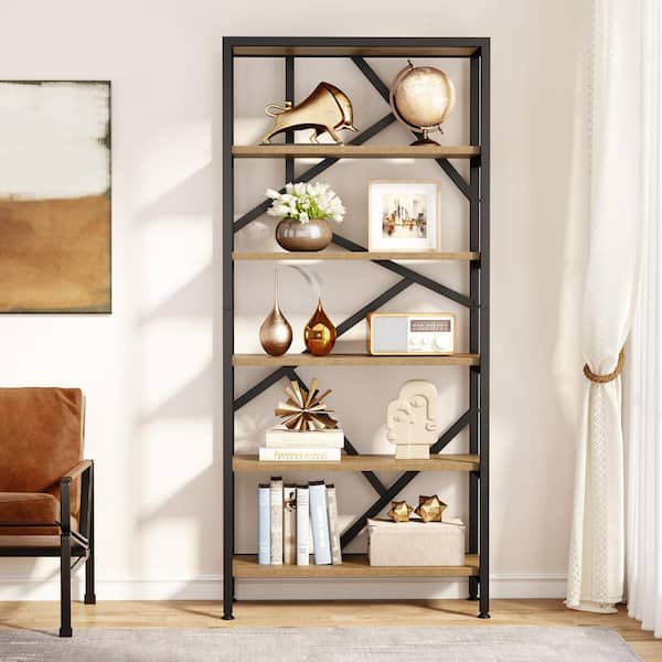 71 in. Tall Light Brown Industrial 6-Shelf Wood Etagere Bookcase, Freestanding Open Storage Bookshelf for Home Office
