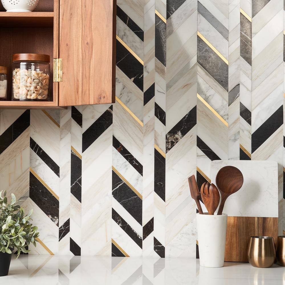 Tyra 11.81 in. x 18.89 in. Polished Marble and Brass Wall Mosaic Tile (1.55 Sq. Ft. / Each)