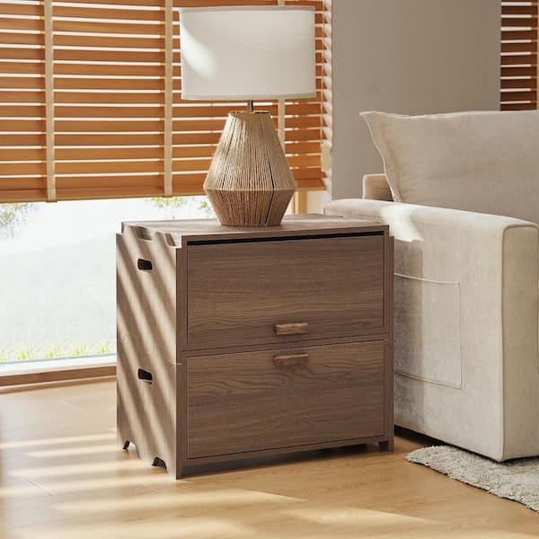 Jakob Walnut 25 in. Tall Modern 2-Drawer Flip-Top Nightstand