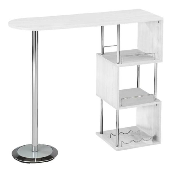 Signature Home SignatureHome Minorca White Top Wood & Chrome Metal Bar Table W/wine Rack & Open Storage Shelves. Size: 16W x 47L x 55H