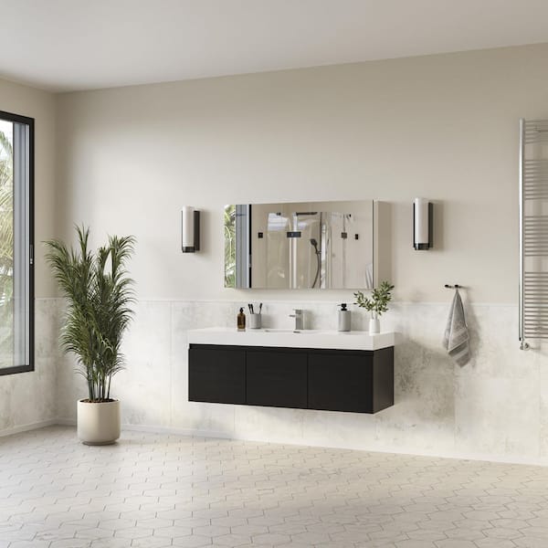 Mezzo 59 in. Vanity in Black with Acrylic Vanity Top in White with White Basin and Mirrored Medicine Cabinet