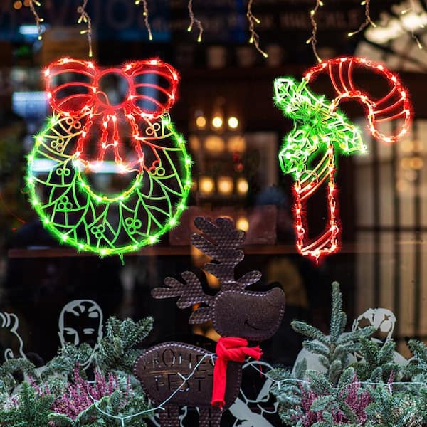 Lighted Christmas Window Silhouette Lights, Cane and Wreath, Plug-in,Christmas, Party,Full Spectrum Grow Light (2-Pack)