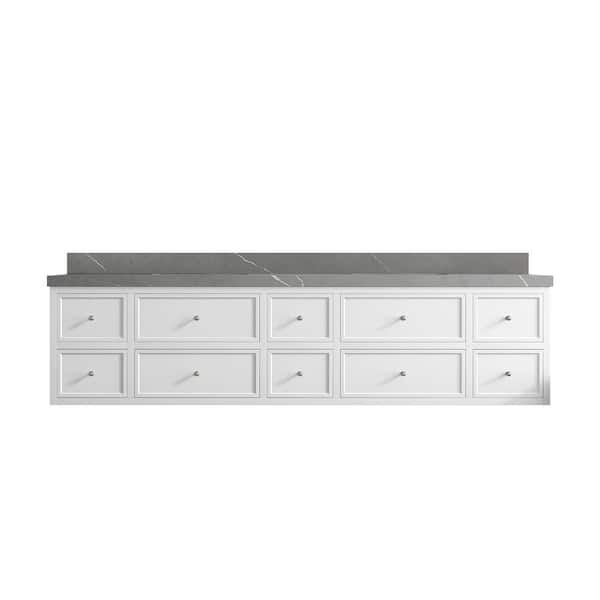 Willow Collections Roswell Floating 84 in. Double Sink Freestanding White Bath Vanity with Piatra Gray Qt. Top Unassembled