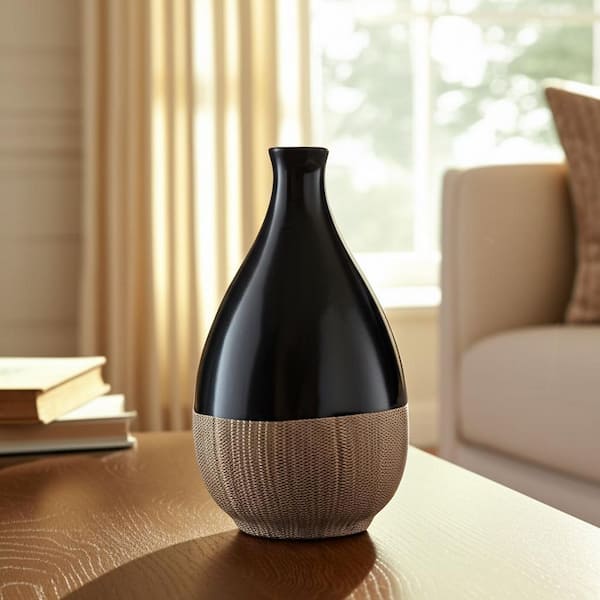 7 in. Brown Stoneware Two-Toned Teardrop Decorative Vase