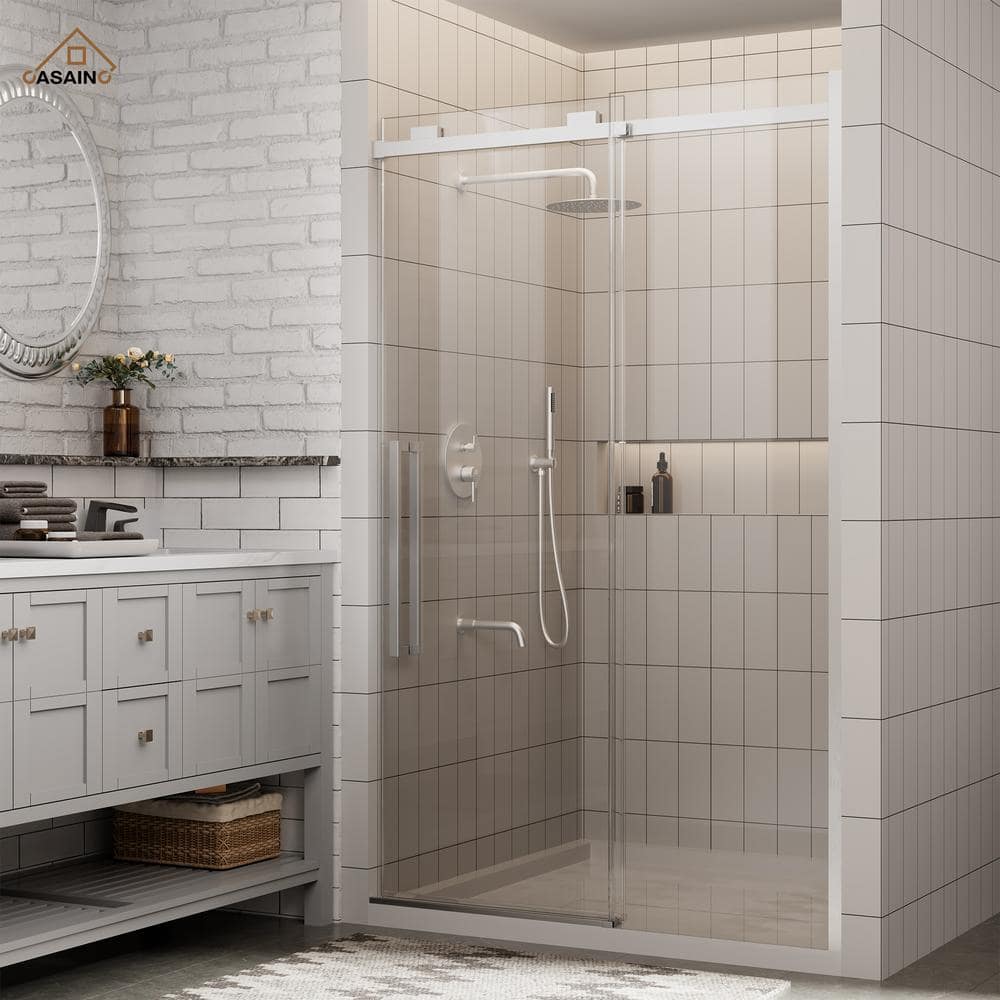 48" x 76" Frameless Brushed Nickel Sliding Shower Door