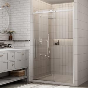48 in. W x 76 in. H Sliding Frameless Shower Door in Brushed Nickel Finish with 3/8 in.(10 mm) Tempered Clear Glass