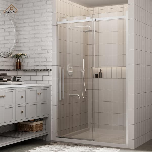 CASAINC 48 in. W x 76 in. H Sliding Frameless Shower Door in Brushed Nickel Finish with 3/8 in.(10 mm) Tempered Clear Glass