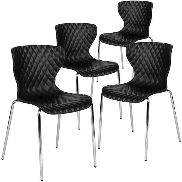 Carnegy Avenue Black Lowell Contemporary Plastic Stacking Waiting Room Chairs, Lobby Chairs with Patterned Back and Seat (Set of 4)