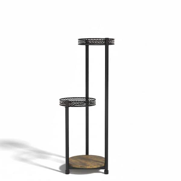 Indoor Outdoor 3-Tier Black Metal Wood Plant Stand for Multiple Plants (10 in. H W x 29.7 in. H)