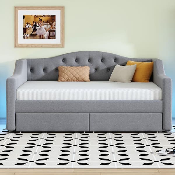 Gray Twin XL Size Upholstered Daybed with LED Belt and 2 Drawers