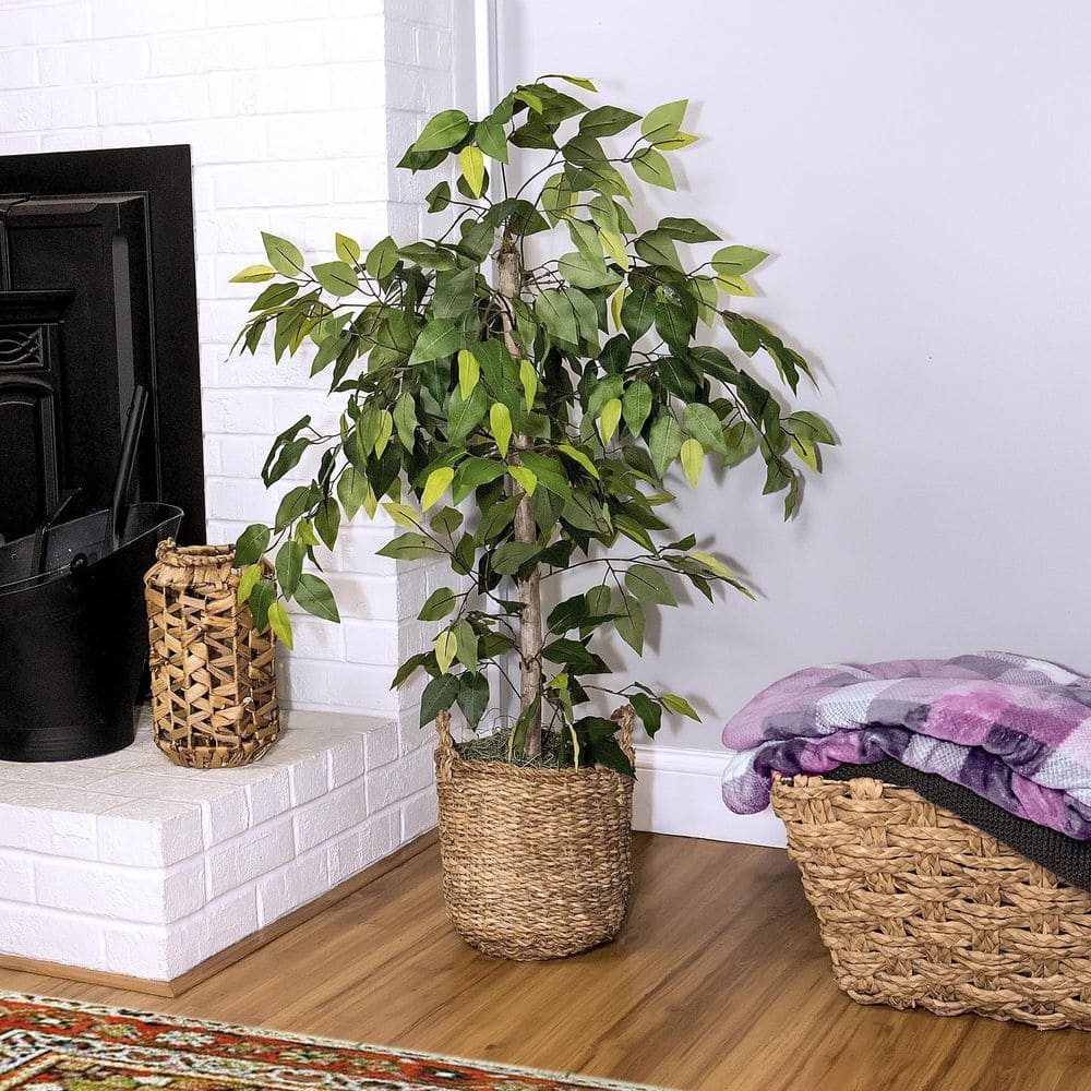 48" Green Artificial Ficus Tree in Woven Rattan Basket