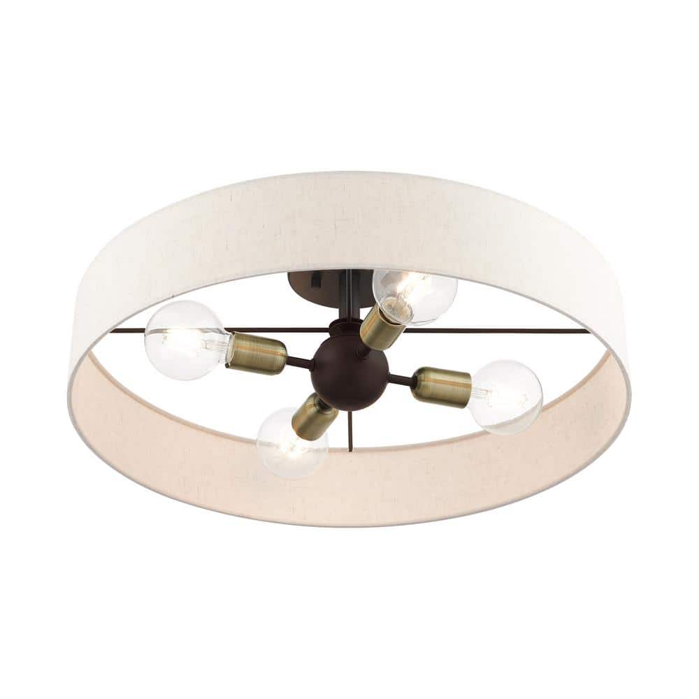 Elegant Bronze Drum Semi-Flush Mount with Oatmeal Fabric Shade