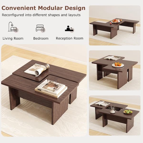 Bunpeony Walnut Modular L-Shaped Coffee Table Set of 2 Nesting