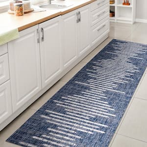 Zolak Berber Blue/Ivory 2 ft. x 10 ft. Stripe Geometric Indoor/Outdoor Area Rug