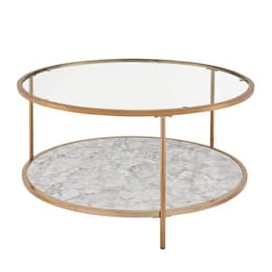 34''L Brush Gold 18''H Round Tempered Glass Coffee Table With Marble-Like Storage Shelf