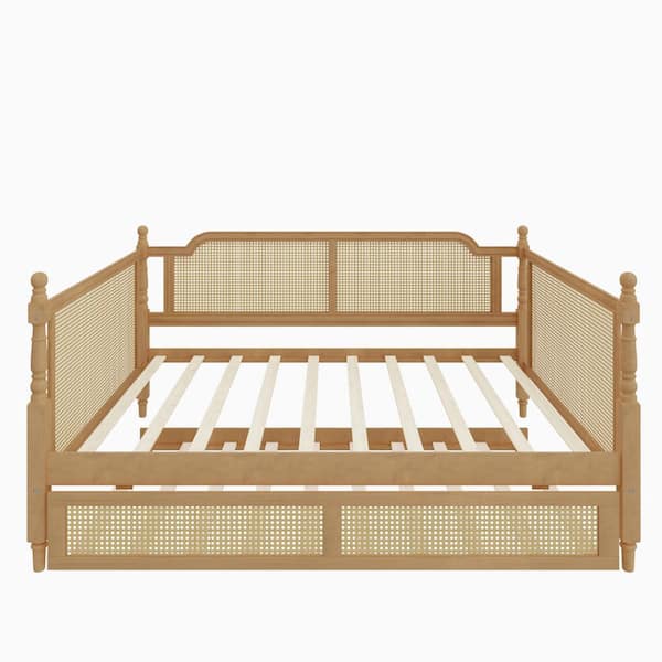 Harper & Bright Designs Antique Walnut Rattan Full Size Wood Daybed with Full Size Trundle for Limited Space YJH187AAD