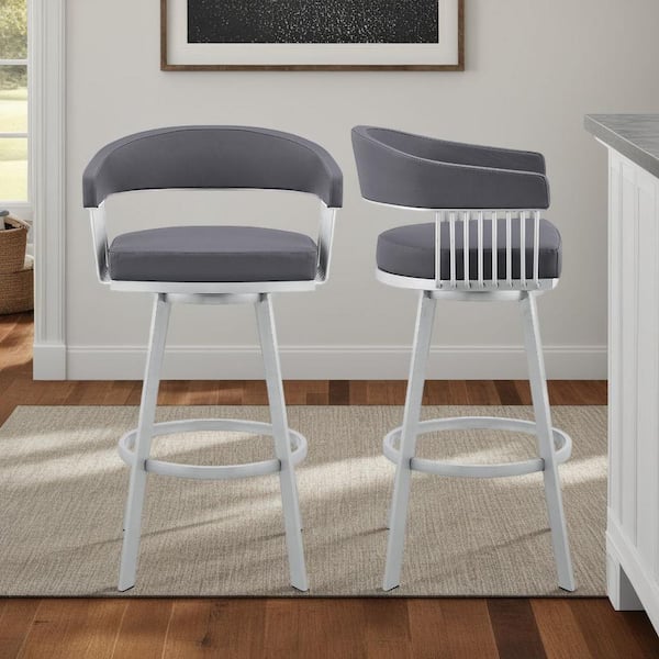 Armen Living Chelsea 25 in. Slate Gray/Silver High Back Metal Swivel Counter Stool with Faux Leather Seat