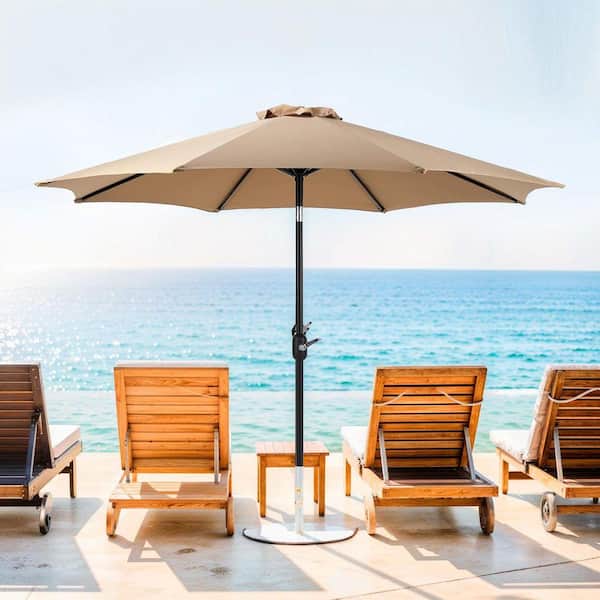Outdoor 9 ft. Alloy Steel Push Button Tilt and Crank Patio Umbrella Market Umbrella in Khaki for Deck, Pool
